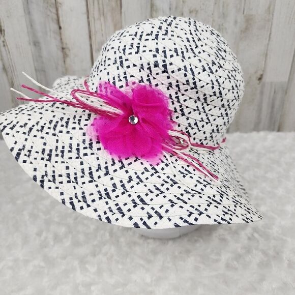 Wide Brim Floral Floppy Paper Sun Hat White & Black - Picture 2 of 8